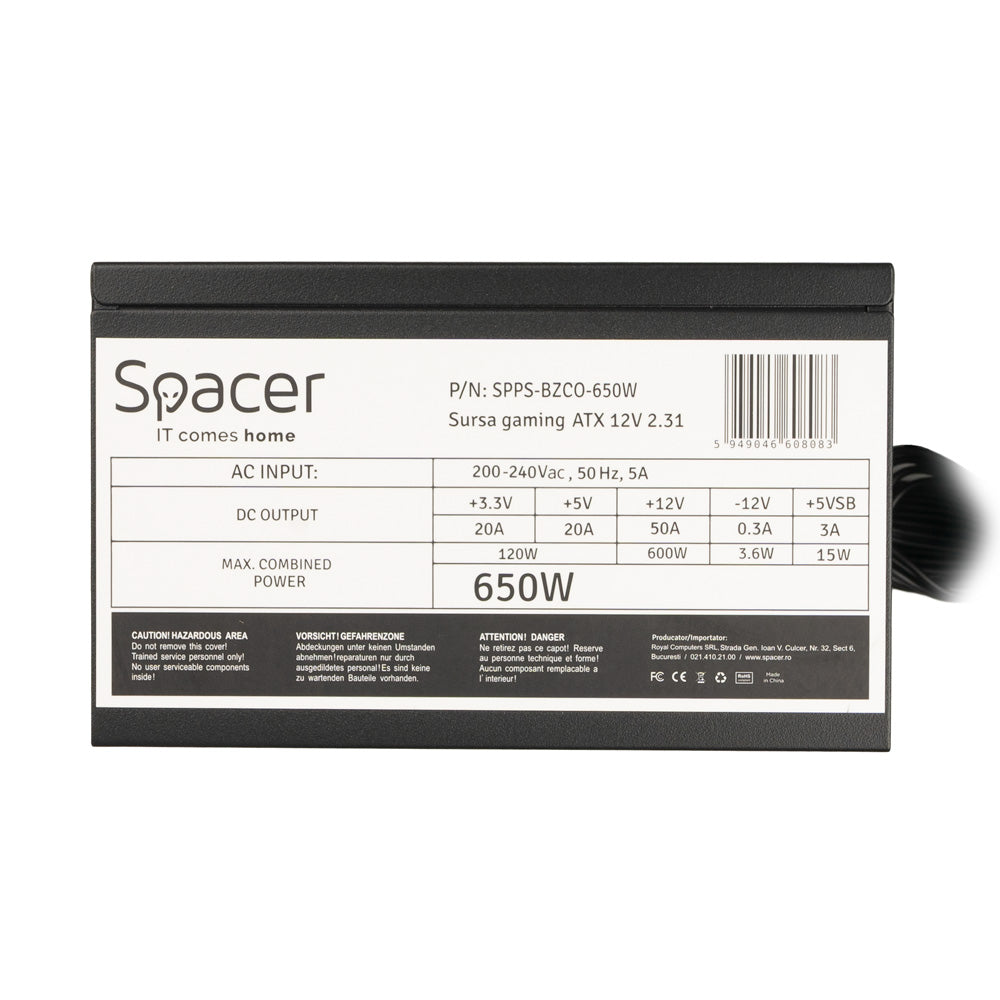 SURSA SPACER BZCO-650 80+ Bronze compatible, 650w, fan 120mm, MB (20+4) x1, CPU (4+4) x2, PCI-E (6+2) x2, SATA x6, Molex x3, *retail* "SPPS-BZCO-650"