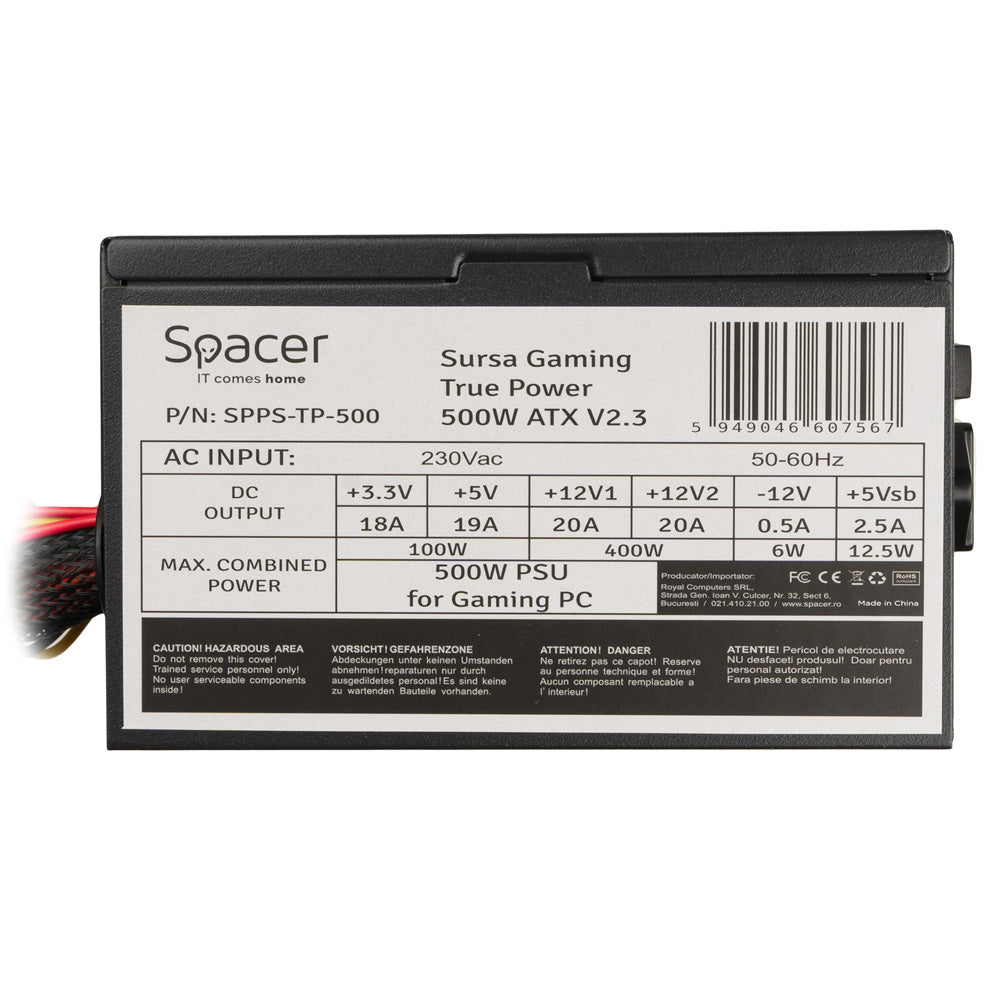 SURSA SPACER True Power TP500 (500W for 500W GAMING PC), PFC activ, fan 120mm, MB (20+4) x1, CPU (4+4) x1, PCI-E (6+2) x2, SATA x5, Molex x1, *retail* "SPPS-TP-500"
