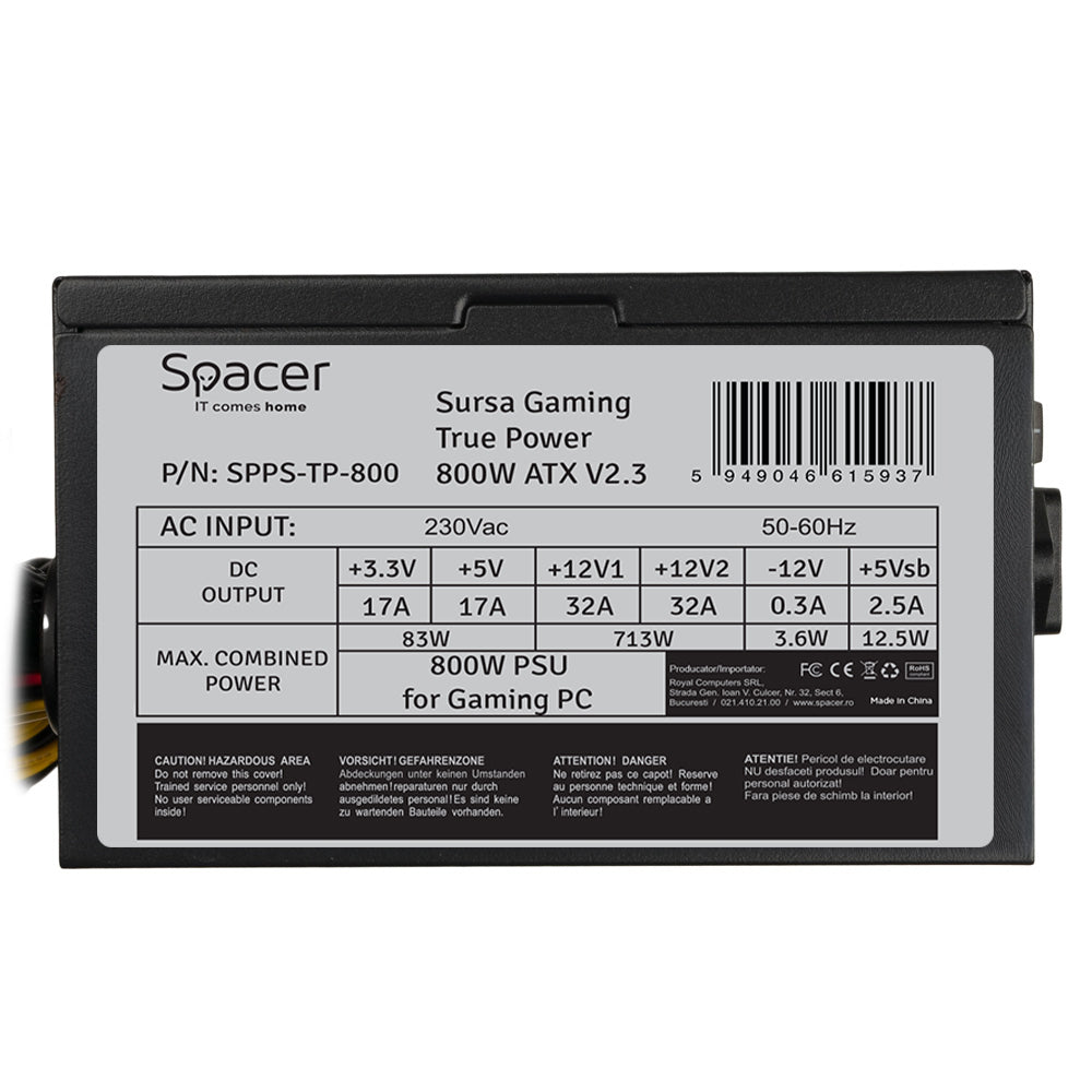 SURSA SPACER True Power TP800 (800W for 800W GAMING PC), PFC activ, fan 120mm, MB (20+4) x1, CPU (4+4) x2, PCI-E (6+2) x2, SATA x7, Molex x2, *retail* "SPPS-TP-800"