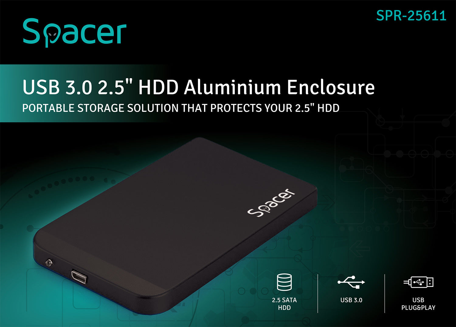 RACK extern SPACER, pt HDD/SSD, 2.5 inch, S-ATA, interfata PC USB 3.0, Husa piele sintetitca, aluminiu, negru, "SPR-25611" 45503295