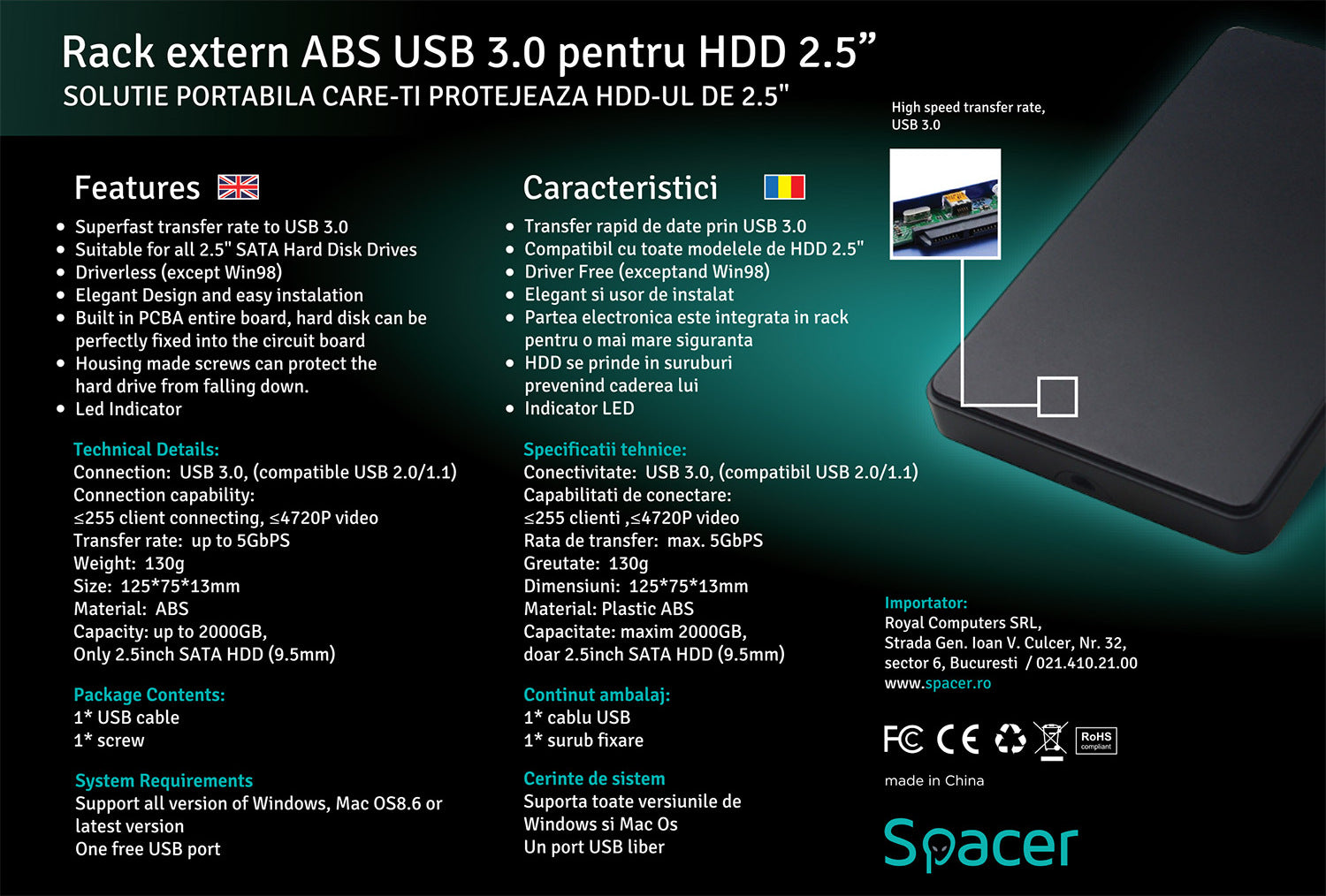 RACK extern SPACER, pt HDD/SSD, 2.5 inch, S-ATA, interfata PC USB 3.0, Husa piele sintetitca, plastic, negru, "SPR-25612" 45506249