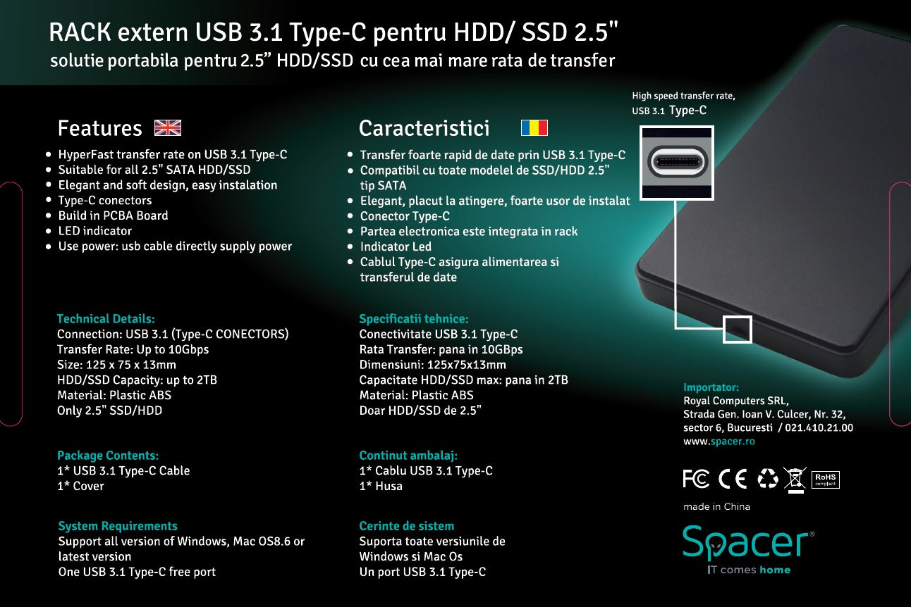 RACK extern SPACER, pt HDD/SSD, 2.5 inch, S-ATA, interfata PC USB 3.1 Type C, plastic, negru, "SPR-TYPE-C-01"