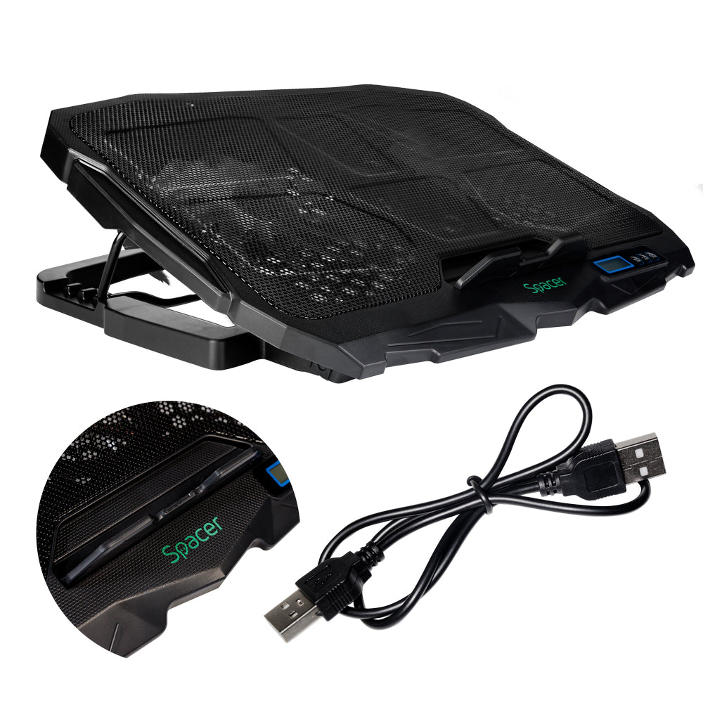STAND SPACER notebook 17" Gaming, sita metal, Airflow: 72CFM, 2xfan 12.5cm, 2xfan 7cm, led blue, 2xUSB, Turatie reglabila, black, "SPS-Gaming"