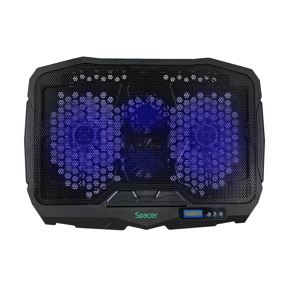 STAND SPACER notebook 17" Gaming, sita metal, Airflow: 72CFM, 2xfan 12.5cm, 2xfan 7cm, led blue, 2xUSB, Turatie reglabila, black, "SPS-Gaming"
