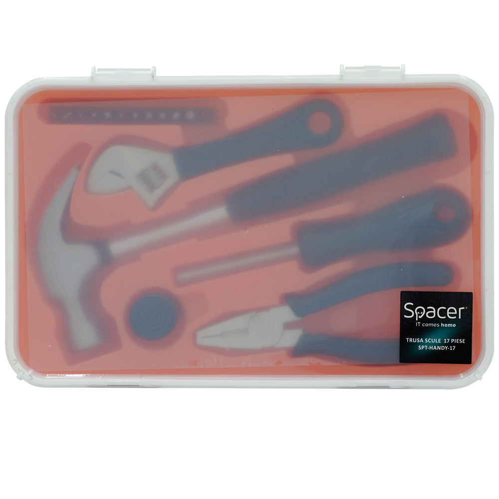 TRUSA scule SPACER contine 1 x ciocan, 1 x patent, 1 x surubelnita, 12 x capete surubelnita, 1 x cheie reglabila, 1 x protectie cauciuc ciocan, 1 x cutie transport si depozitare " SPT-HANDY-17"
