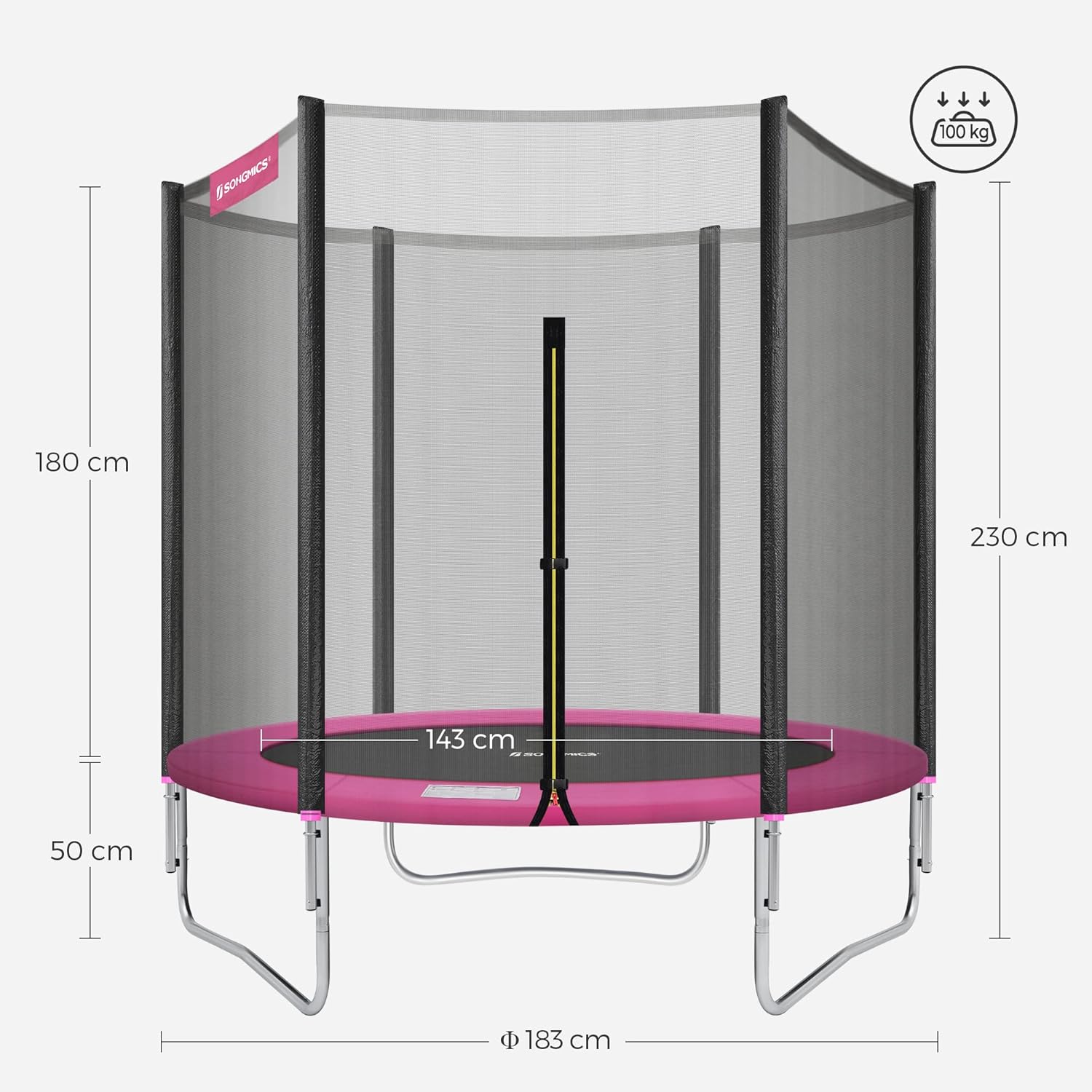 SONGMICS Trambulina pentru copii cu plasa de protectie exterioara, diametru 183 cm, 100 kg, roz