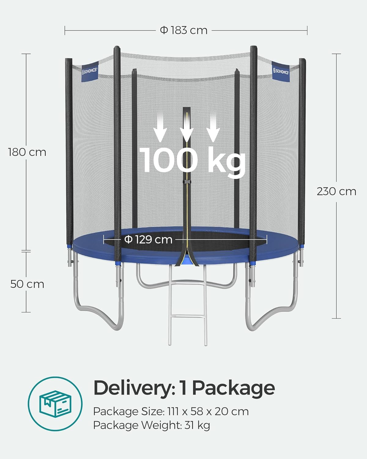 SONGMICS Trambulina pentru copii cu plasa de protectie exterioara, diametru 183 cm, 100 kg, albastru
