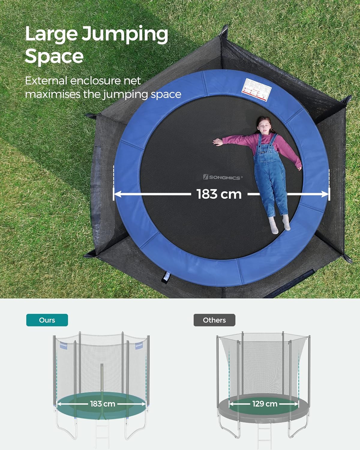 SONGMICS Trambulina pentru copii cu plasa de protectie exterioara, diametru 183 cm, 100 kg, albastru