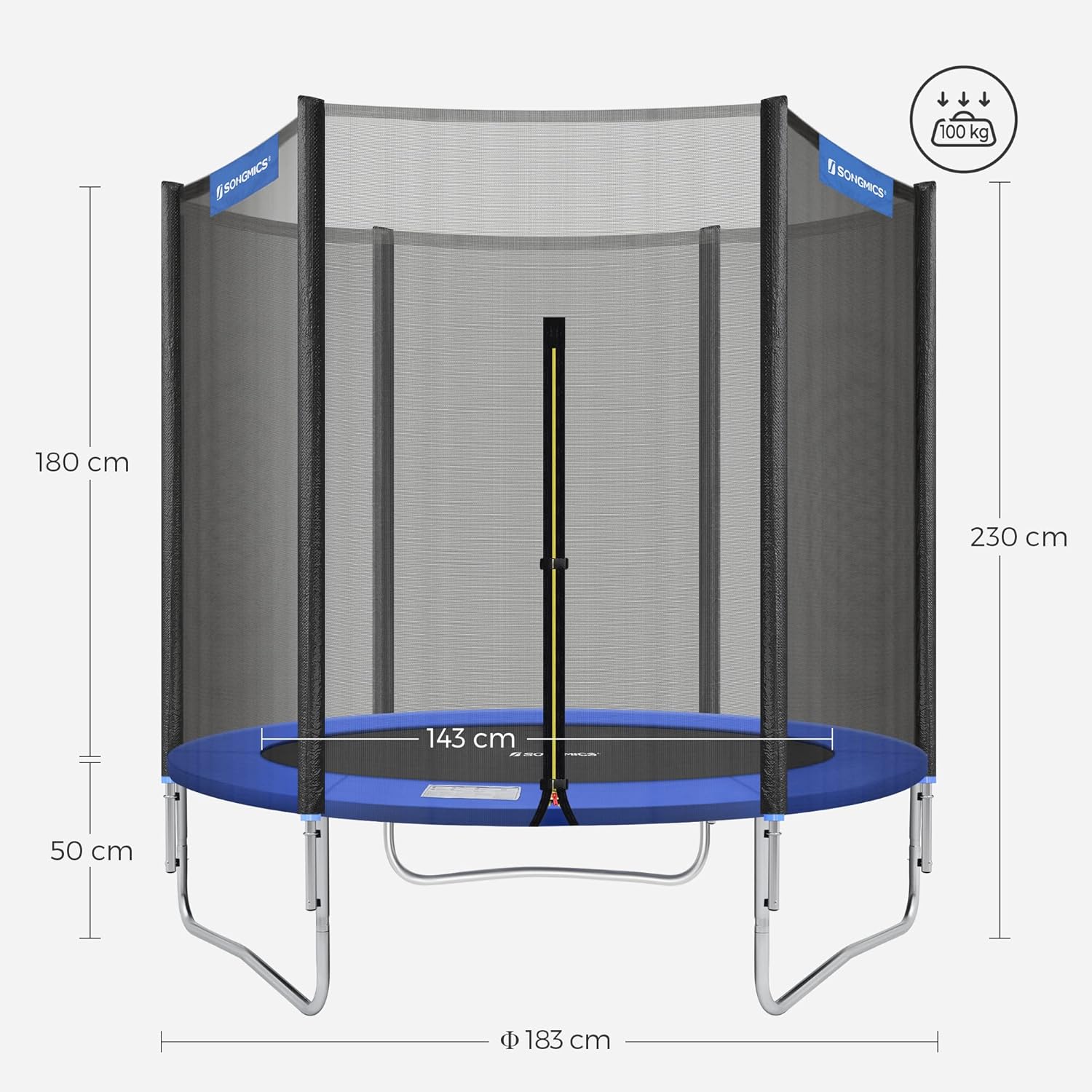 SONGMICS Trambulina pentru copii cu plasa de protectie exterioara, diametru 183 cm, 100 kg, albastru