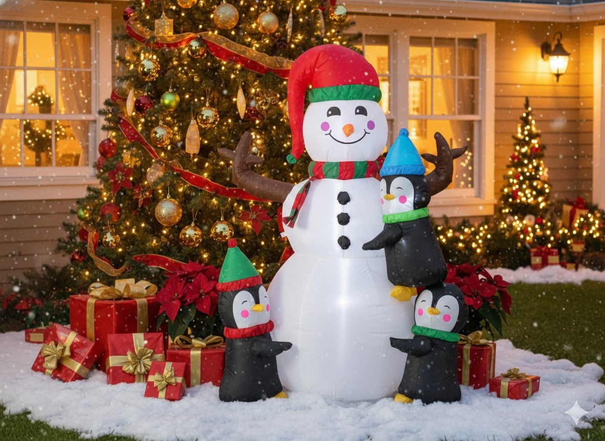 Om de zapada gonflabil de exterior, cu pinguini si iluminare LED, 190 cm, compresor integrat, alb