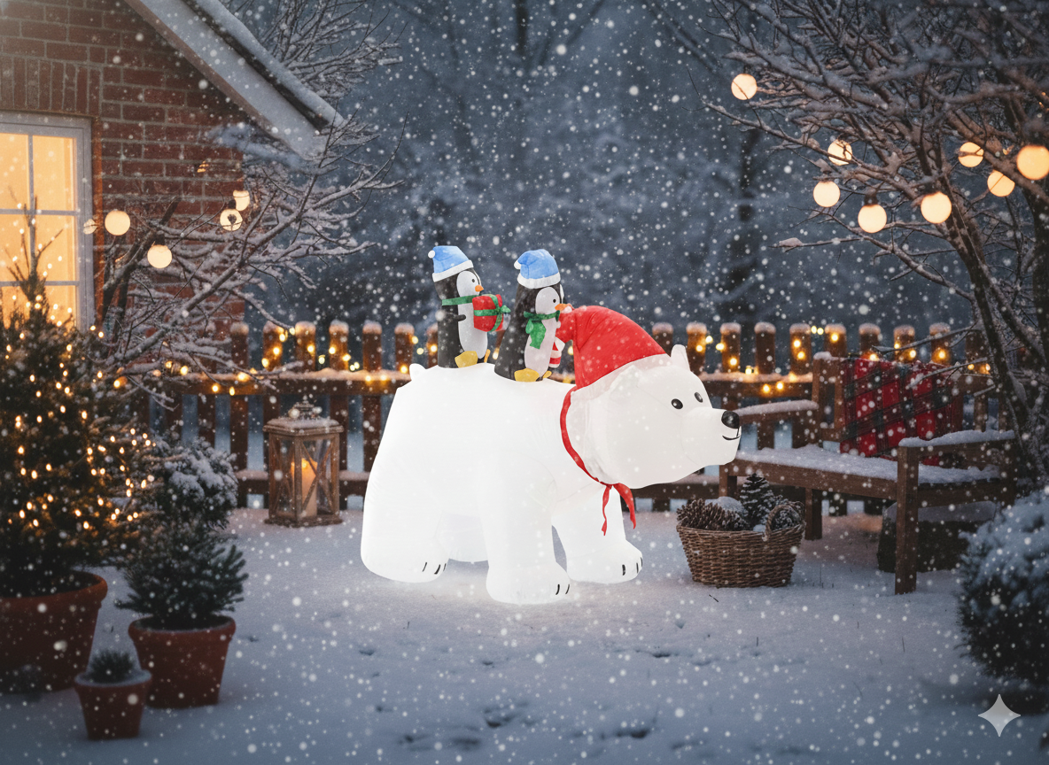 Urs polar gonflabil de exterior, iluminare LED, cu doi pinguini, compresor integrat, 200x120x80 cm, alb