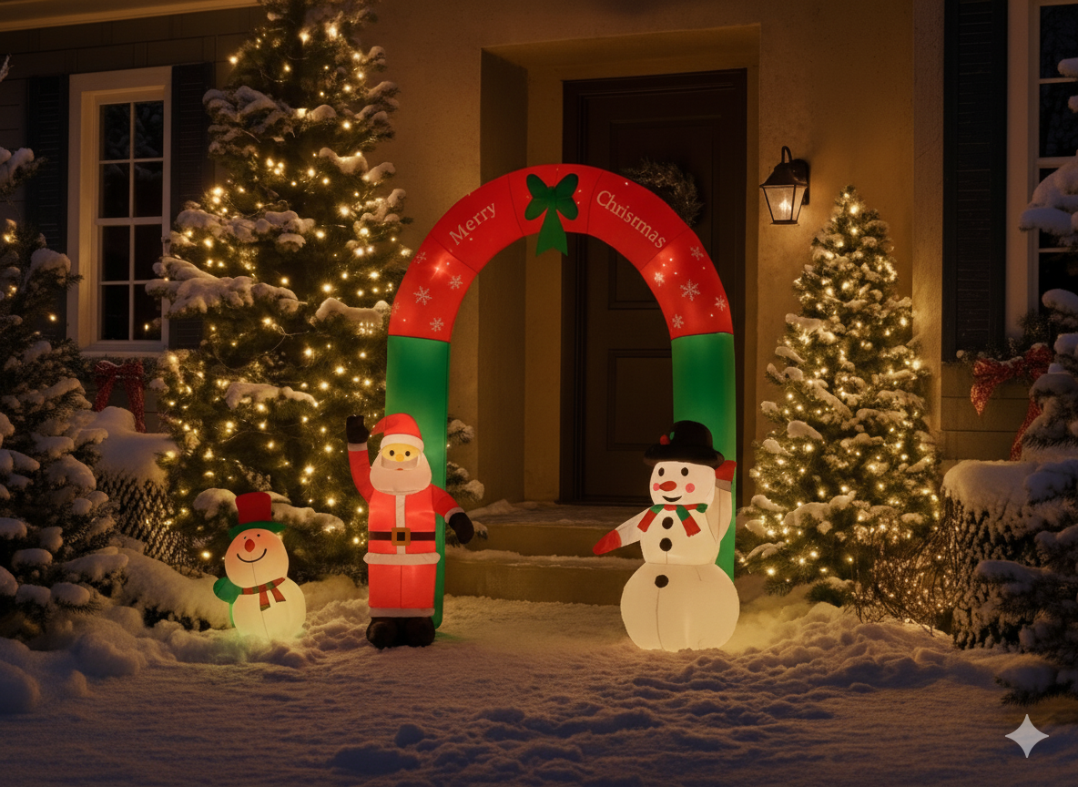 Arcada gonflabila de Craciun pentru exterior, iluminare LED, compresor integrat, 240x140x60 cm, multicolor
