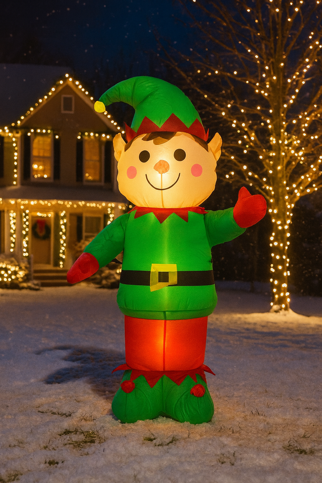 Elf gonflabil de exterior, iluminare LED, compresor integrat, 150x60x40 cm, verde