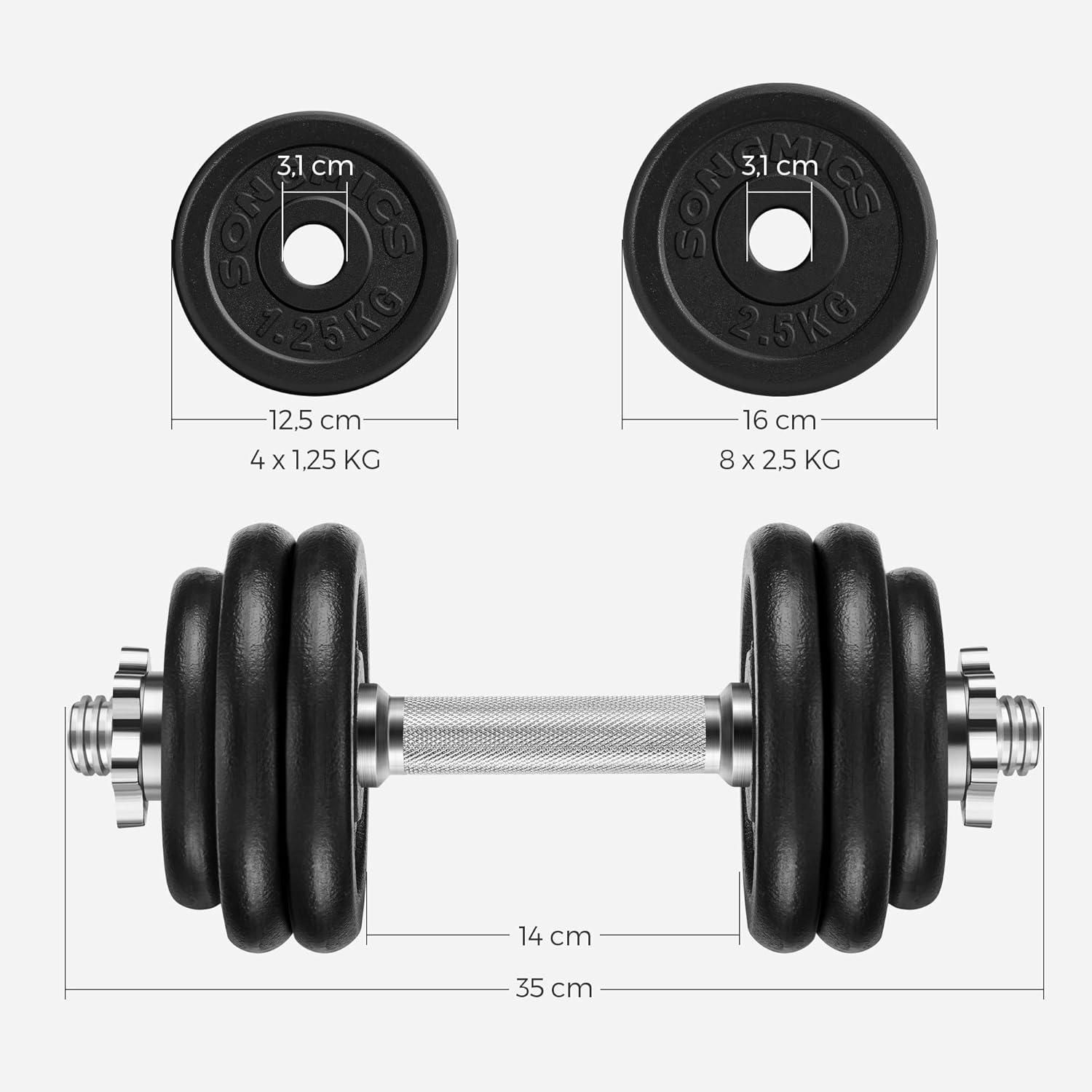 SONGMICS Set 2 gantere reglabile 30 kg, discuri fonta si bare otel, prindere anti-alunecare
