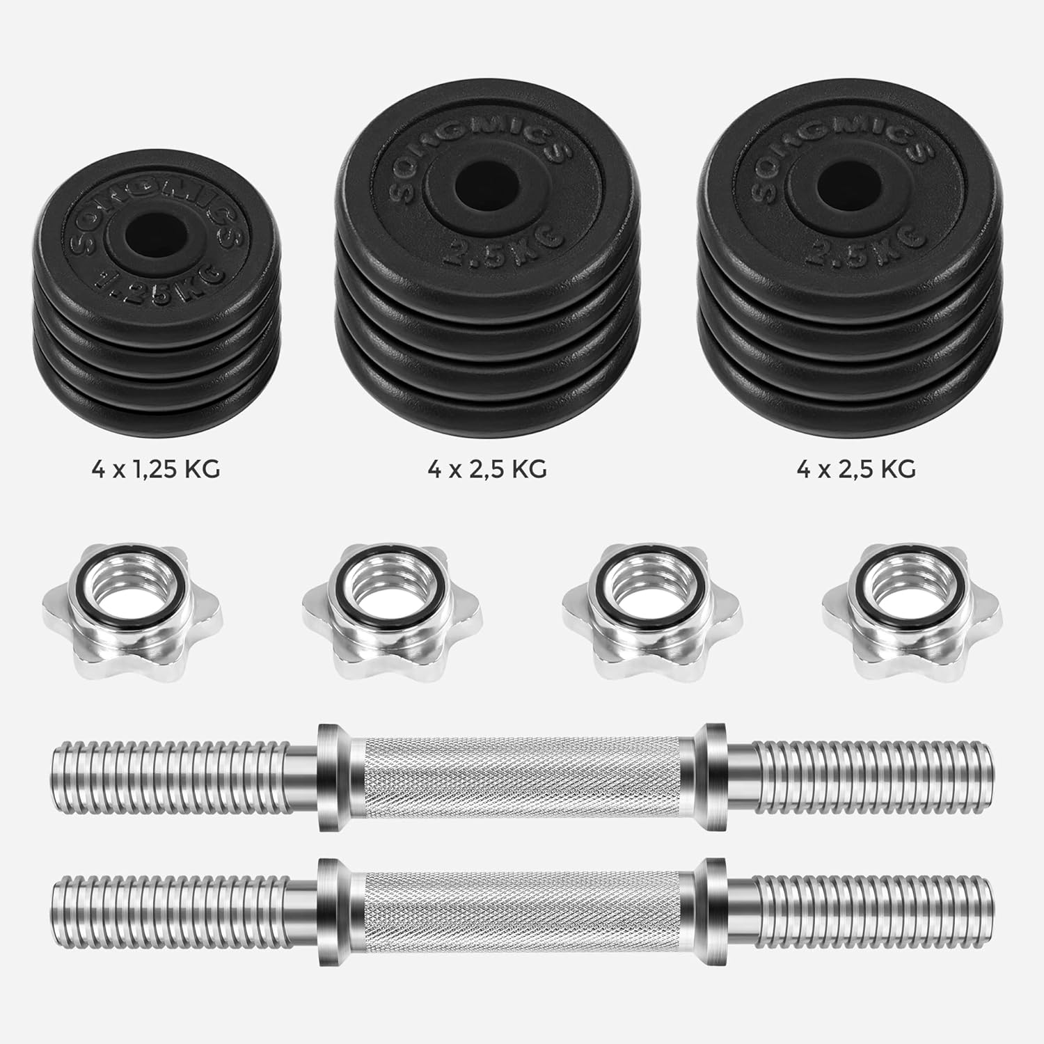SONGMICS Set 2 gantere reglabile 30 kg, discuri fonta si bare otel, prindere anti-alunecare