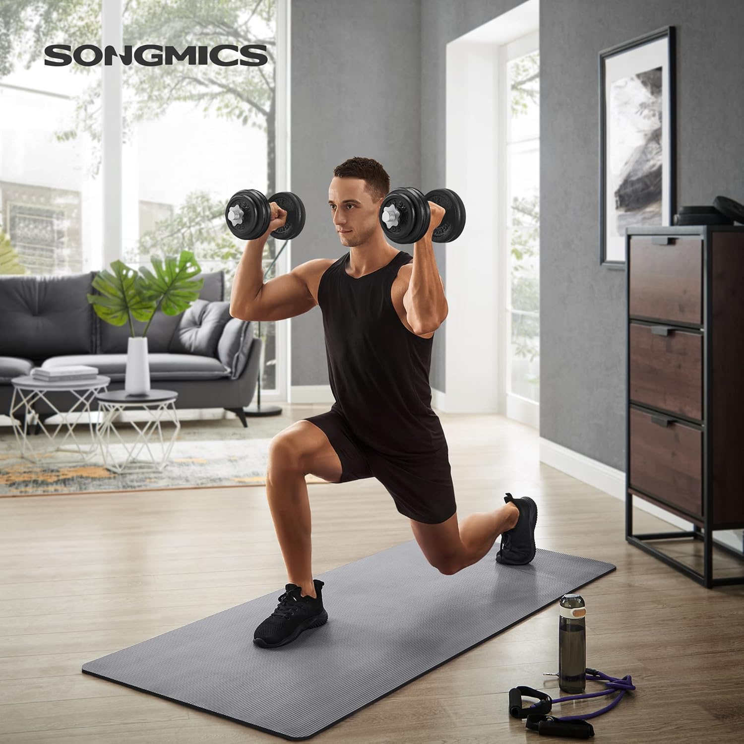 SONGMICS Set 2 gantere reglabile 30 kg, discuri fonta si bare otel, prindere anti-alunecare