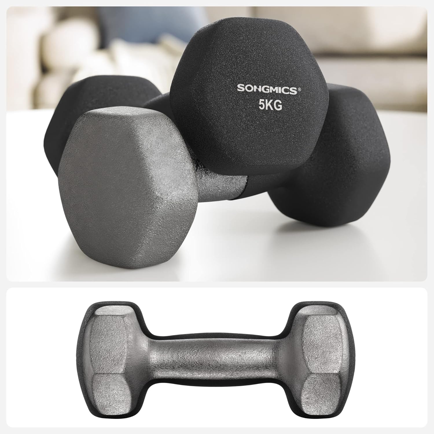 SONGMICS Set gantere hexagonale 2x5 kg, fonta cu invelis neopren, maner ergonomic antialunecare, negru