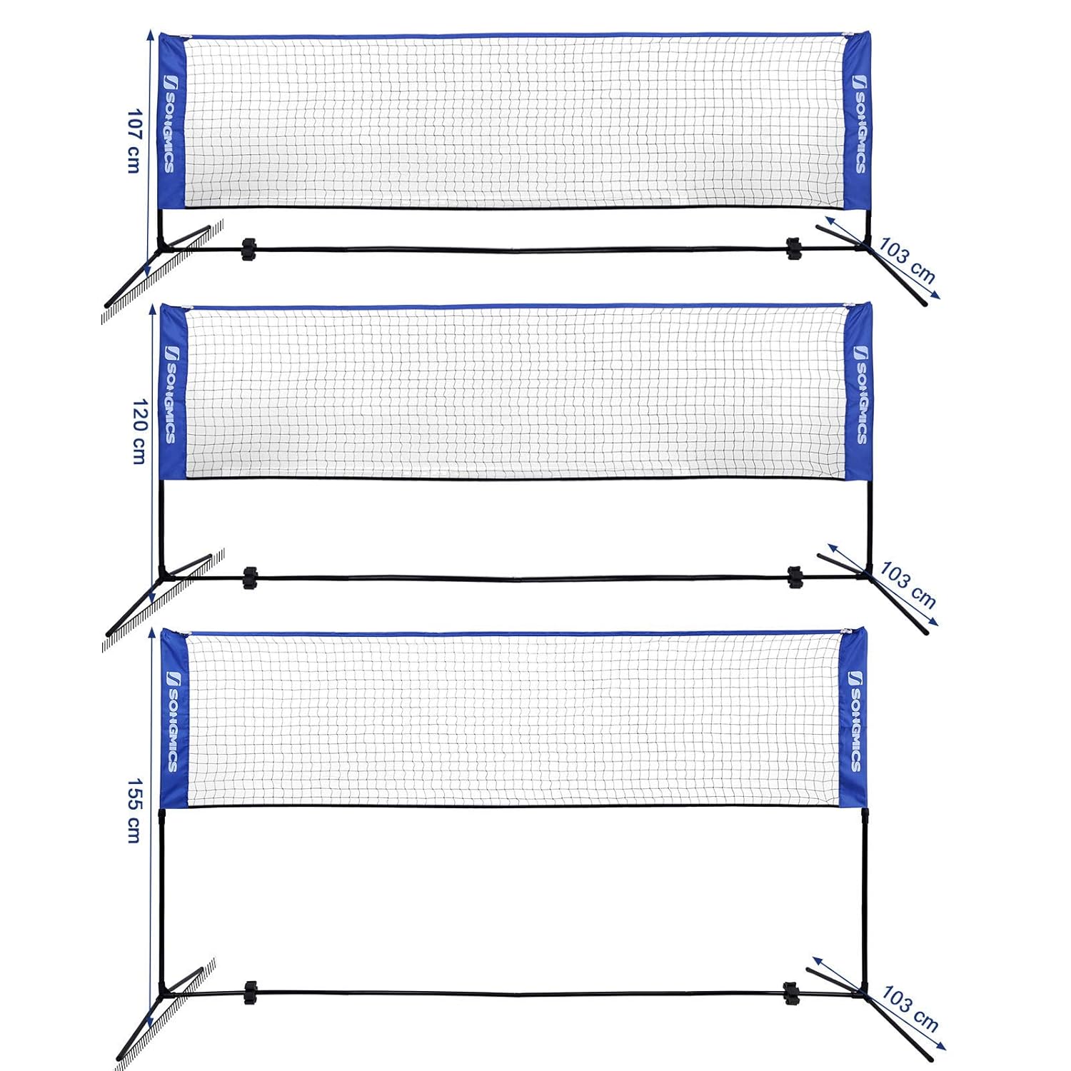 SONGMICS Fileu badminton portabil cu geanta transport, pentru tenis si volei, 400x103 cm, inaltime reglabila pana la 155 cm, albastru