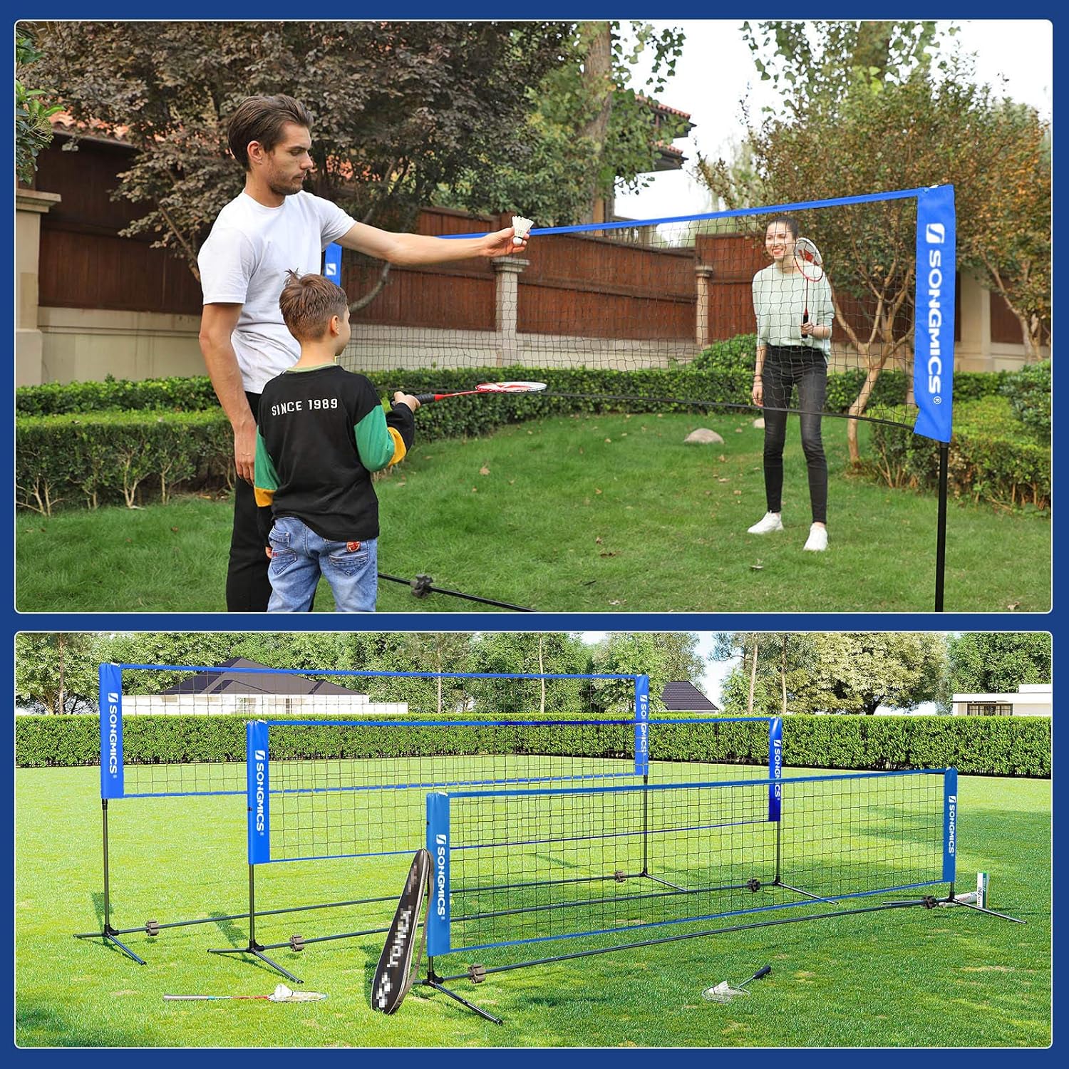 SONGMICS Fileu badminton portabil cu geanta transport, pentru tenis si volei, 400x103 cm, inaltime reglabila pana la 155 cm, albastru