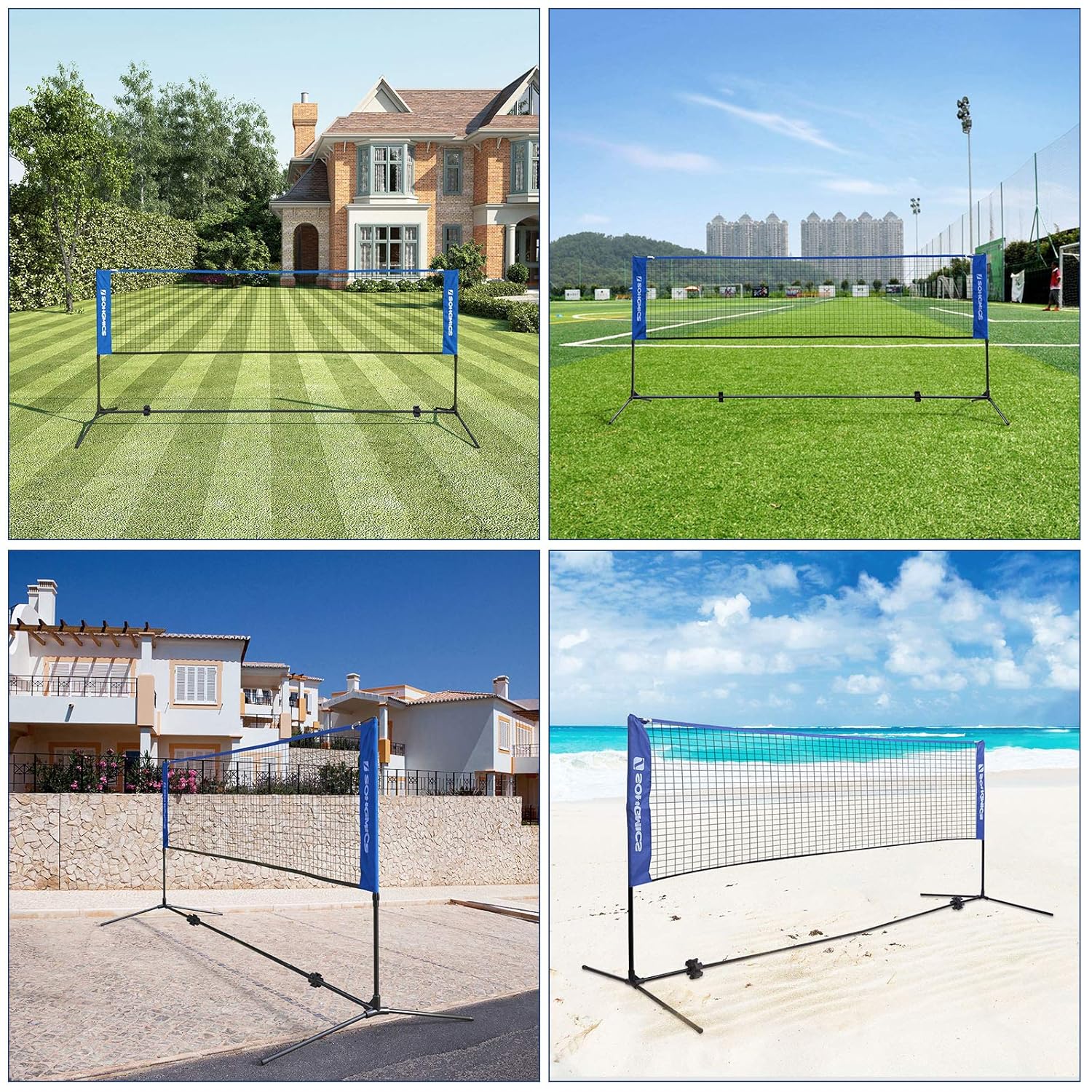 SONGMICS Fileu badminton portabil cu geanta transport, pentru tenis si volei, 400x103 cm, inaltime reglabila pana la 155 cm, albastru