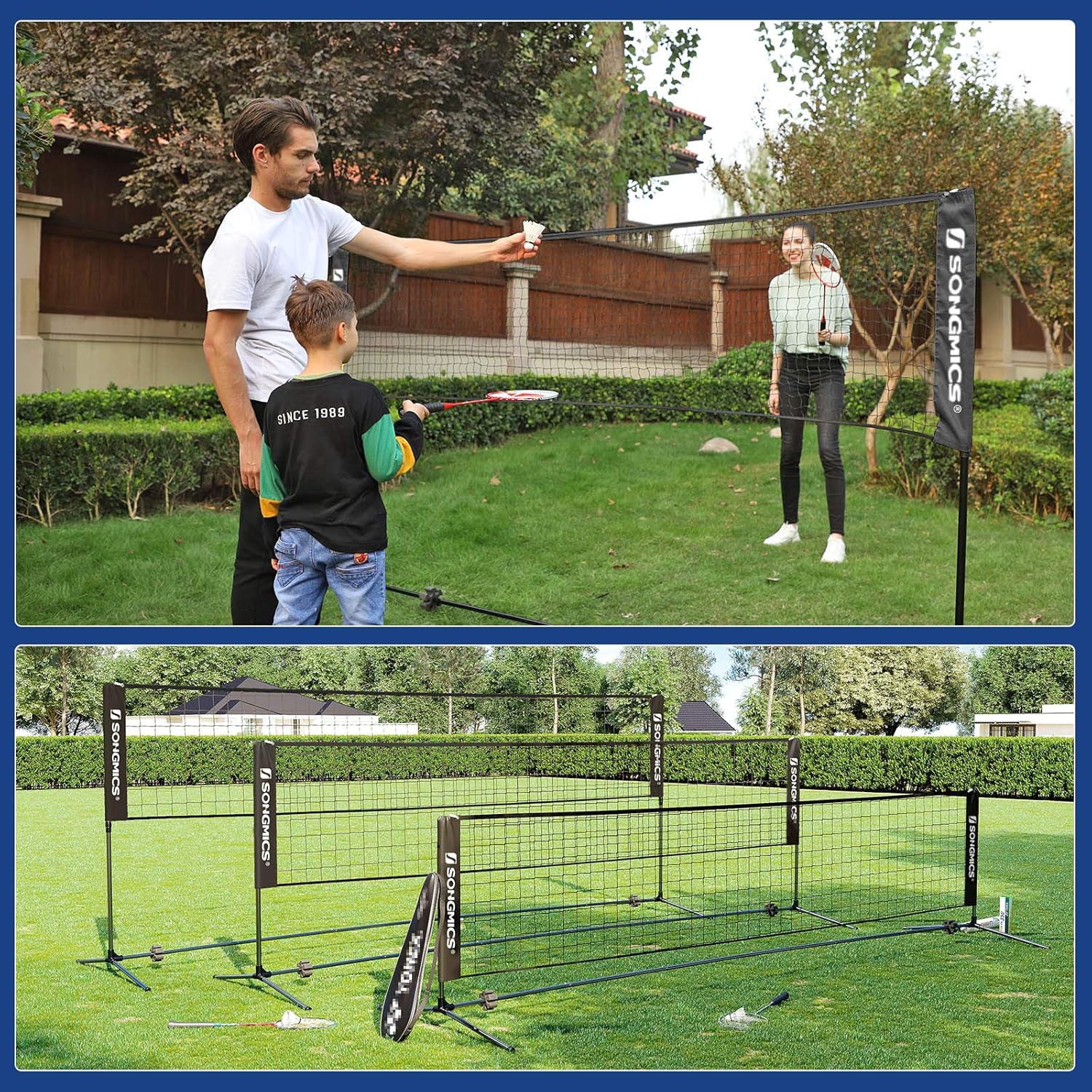 SONGMICS Fileu badminton portabil cu geanta transport, pentru tenis si volei, 500x103 cm, inaltime reglabila pana la 155 cm