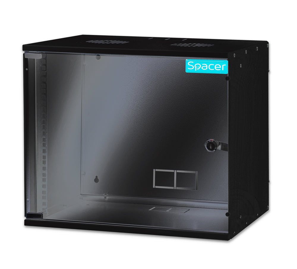 CABINET 19" SPACER 9U 515x400mm, fixare pe perete, Flatpack (dezasamblat), Black, usa sticla cu blocare, otel 1.5mm, sarcina maxima 100Kg, "SPCW-9U-BK"