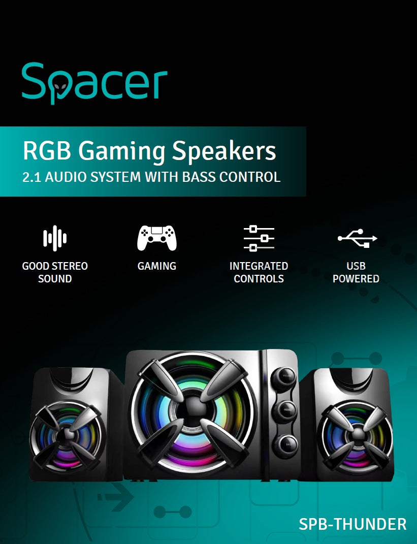 BOXE SPACER Gaming 2.1, RMS: 11W (2 x 3W + 5W), control volum, bass si inalte, subwoofer lemn MDF, 3 x LED, USB power, black, "SPB-THUNDER" 43501938