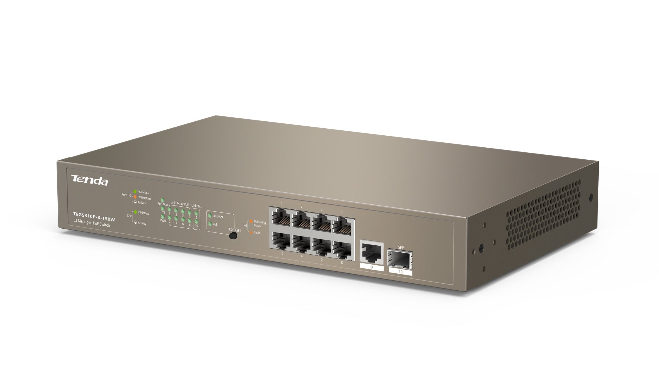 SWITCH PoE Tenda cu management L3 cu 10 porturi (8 x GE PoE, 1 x GE, 1 x SFP) IEEE 802.3at/af, carcasa metalica, rackabil "TEG5310P-8-150W"