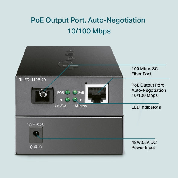 MEDIA CONVERTOR TP-LINK 10/100 Mbps WDM , 1× 100 Mbps cu POE 802.3af, SC Fiber Port, 1× 10/100 Mbps RJ45 Port (Auto MDI/MDIX), pana la 20km "FC111PB-20" (include timbru verde 1.75 lei)