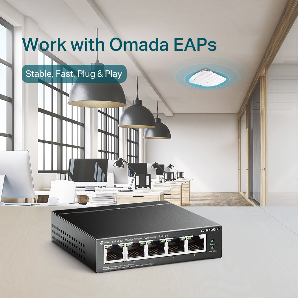SWITCH PoE TP-LINK 5 porturi 10/100Mbps (4 PoE), IEEE 802.3af, carcasa metalica "TL-SF1005LP"