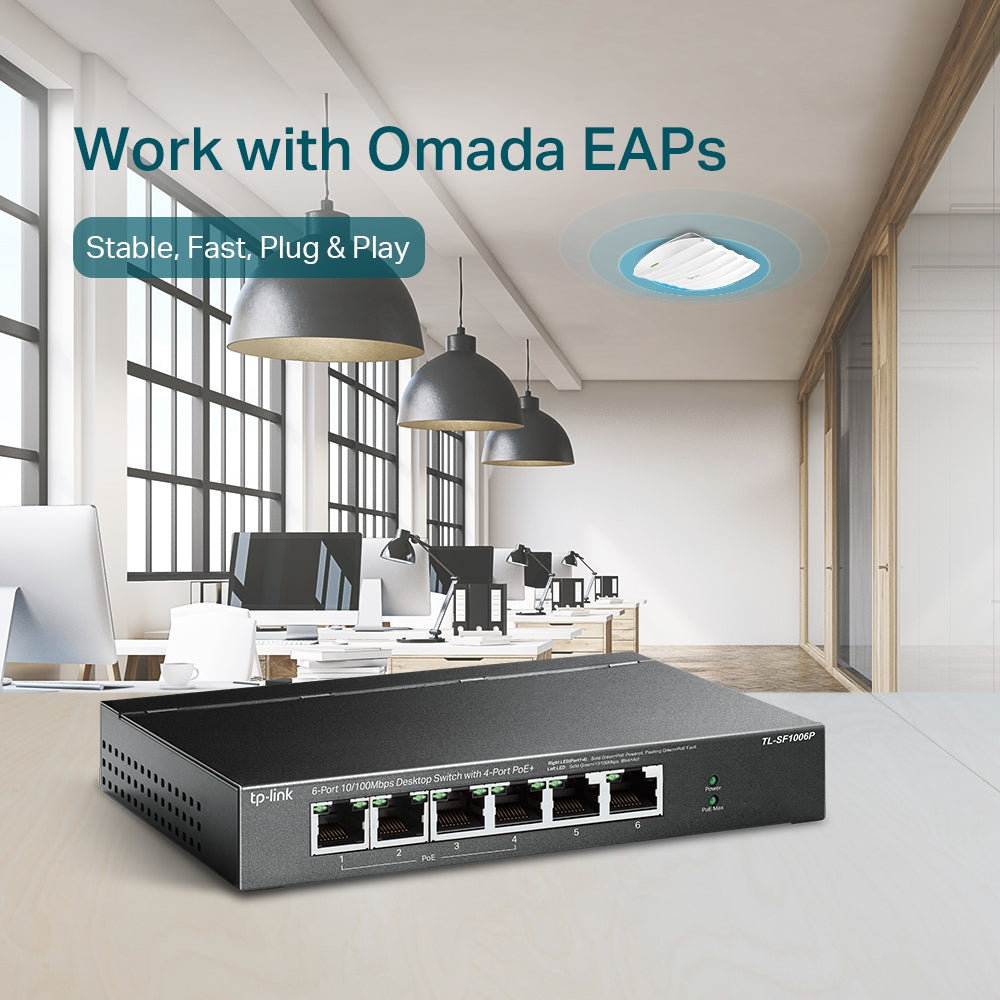 SWITCH PoE TP-LINK 6 porturi 10/100Mbps (4 PoE+), IEEE 802.3af/at, carcasa metalica "TL-SF1006P"
