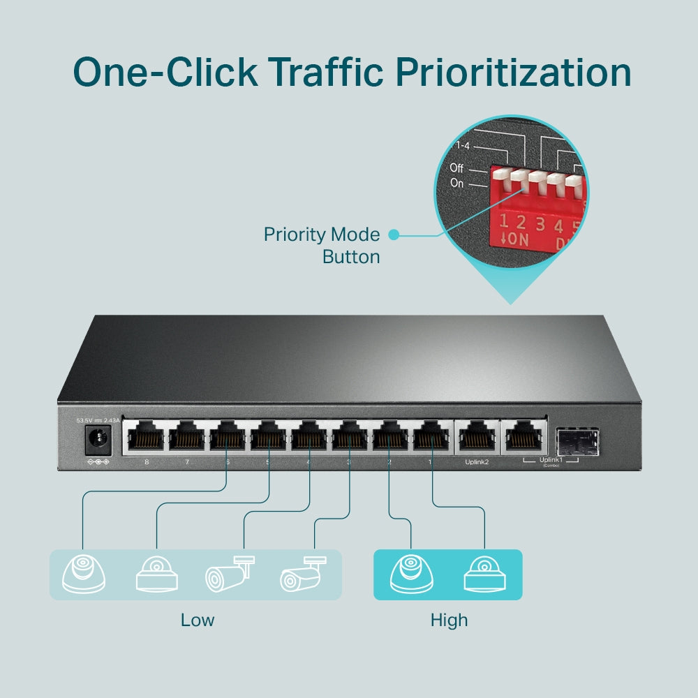 SWITCH TP-LINK 10-Port Gigabit Desktop Switch cu 8-Port PoE+, 123W total power, carcasa metal "TL-SG1210MP"