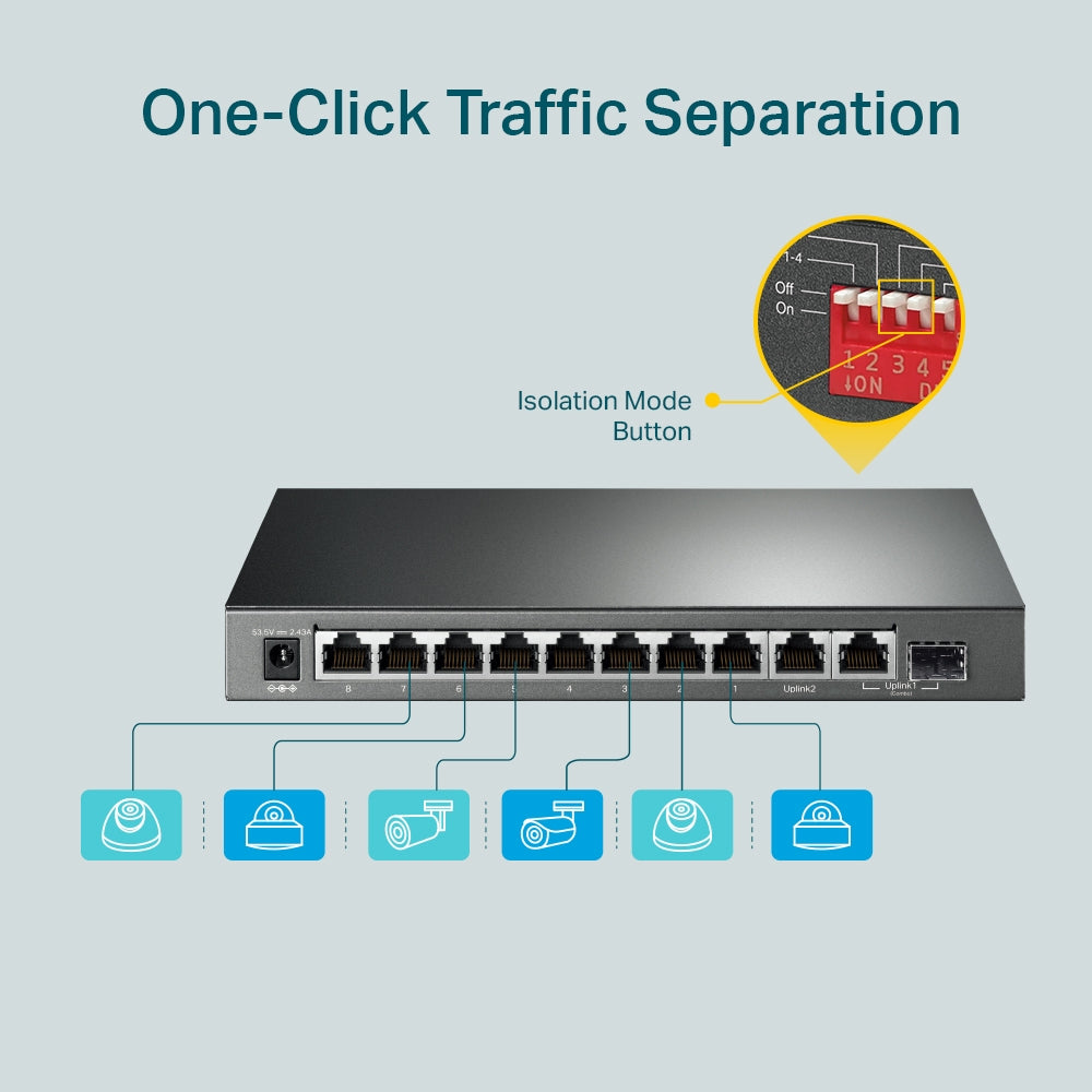 SWITCH TP-LINK 10-Port Gigabit Desktop Switch cu 8-Port PoE+, 123W total power, carcasa metal "TL-SG1210MP"