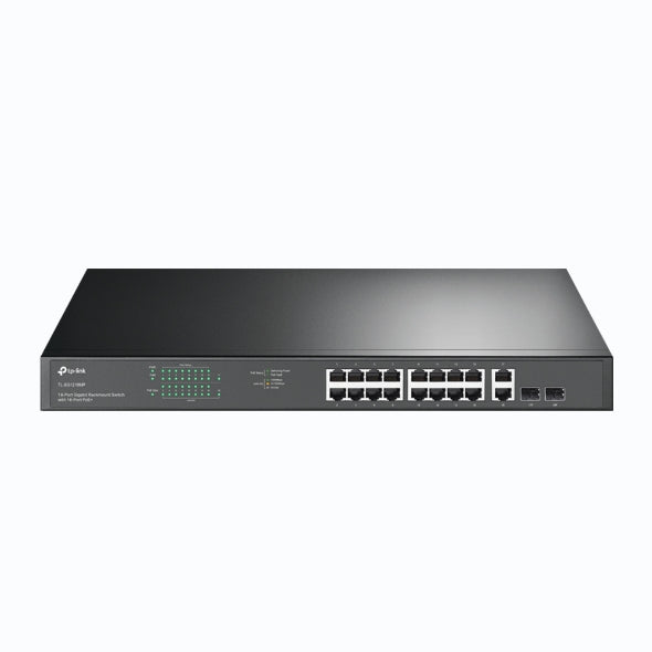 SWITCH TP-LINK 16 porturi Gigabit POE+ 250W total power, 2× combo gigabit SFP, 2× gigabit non-PoE RJ45, carcasa metal "TL-SG1218MP"