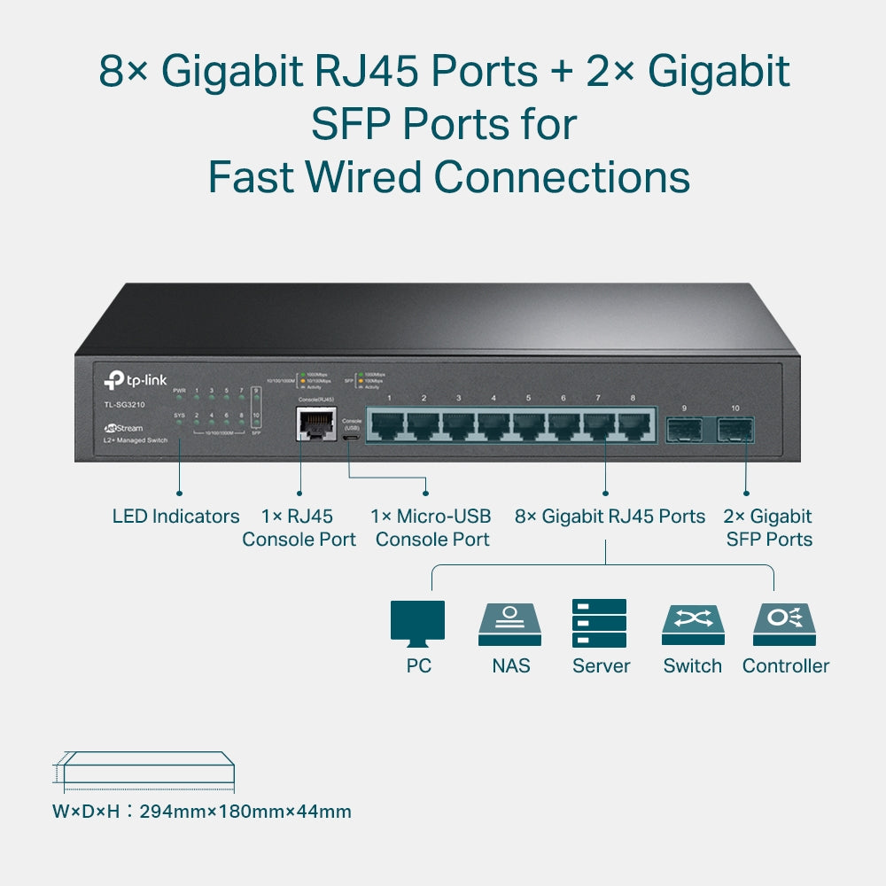 Switch TP-Link cu management L2+, 8 Porturi Gigabit, 2 x SFP Gigabit "TL-SG3210"