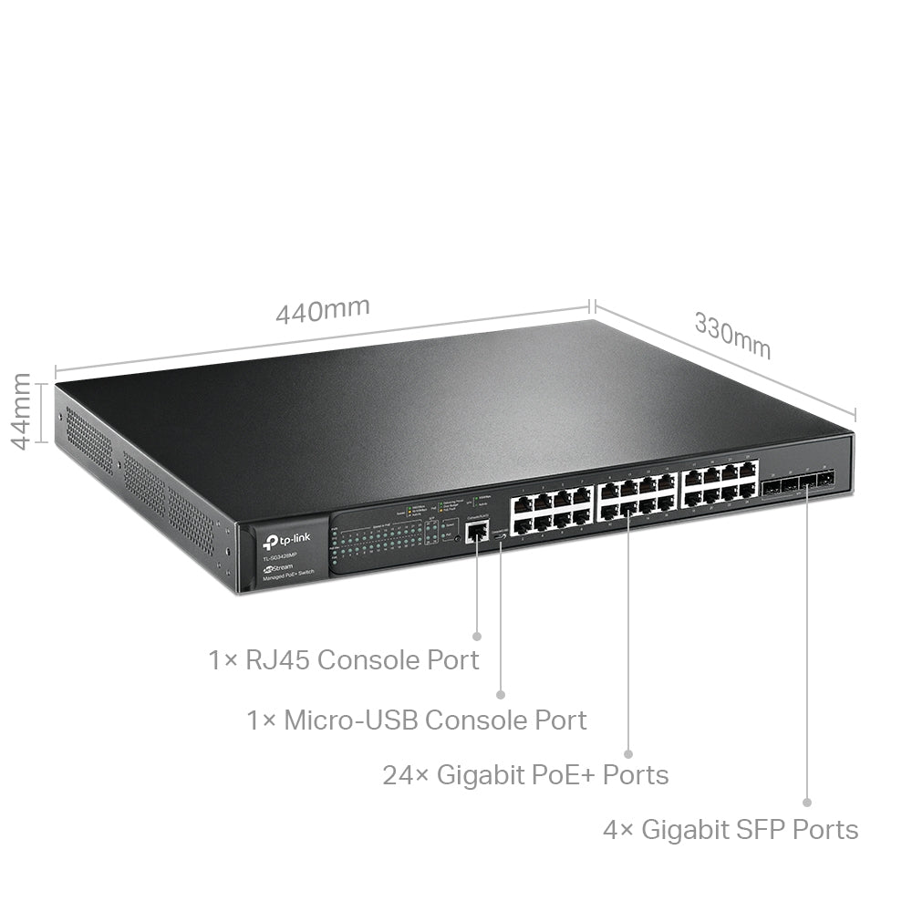 Switch TP-Link cu management L2, 24 Porturi Gigabit POE+, 4× Gigabit SFP Slots, 1× RJ45 Console Port, 1× Micro-USB Console Port "SG3428MP"