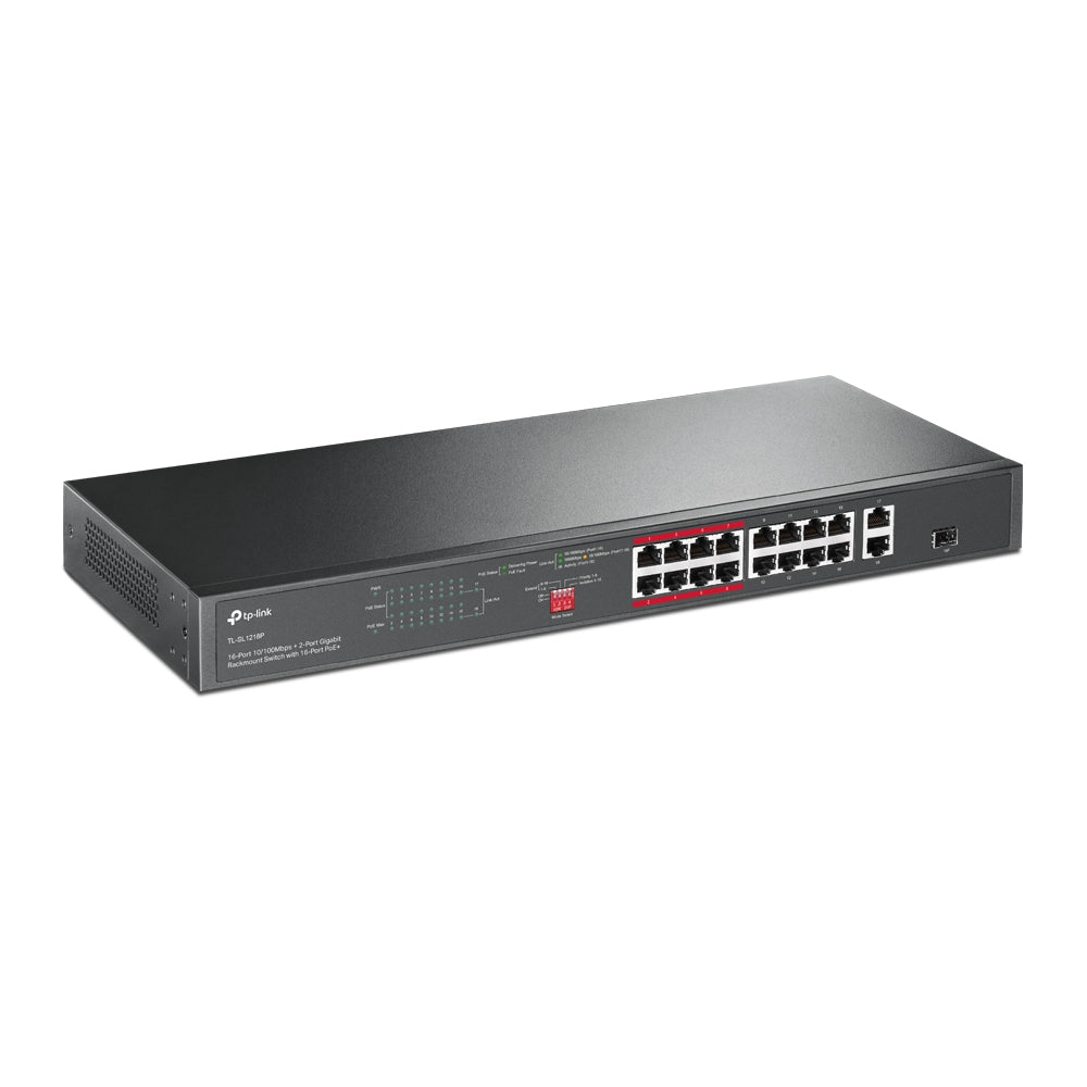 SWITCH TP-LINK 16 porturi, 16× PoE+ 10/100 Mbps RJ45, 2× Gigabit RJ45,1 x combo Gigabit SFP slot, carcasa metal "TL-SL1218P"