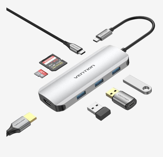 Docking Station Vention,HDMI(M), 3xUSB 3.2 gen1,PD 100W,SD/TF dual card slot,conec prin USB-C(T),transf 5 Gbps,aliaj Al si ABS,1 Gbit,4K/30Hz,argintiu "TOJHB" -6922794756816
