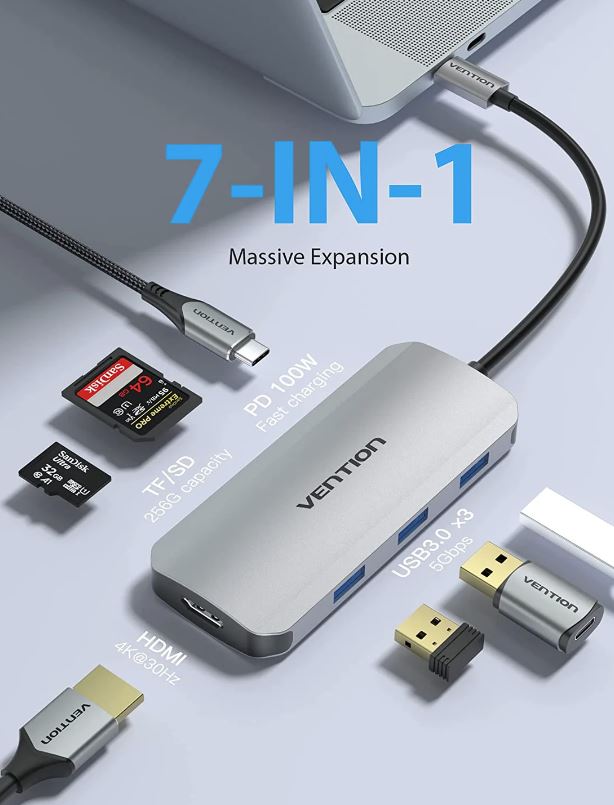 Docking Station Vention,HDMI(M), 3xUSB 3.2 gen1,PD 100W,SD/TF dual card slot,conec prin USB-C(T),transf 5 Gbps,aliaj Al si ABS,1 Gbit,4K/30Hz,argintiu "TOJHB" -6922794756816