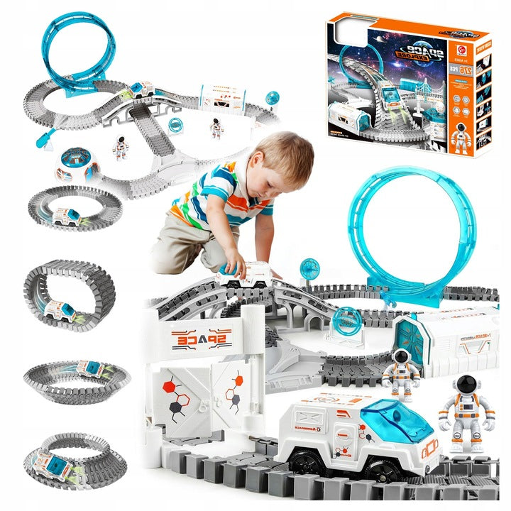 Set constructii traseu auto spatial pentru copii cu 205 piese, astronauti, vehicul electric si proiectie, 46x31x11 cm
