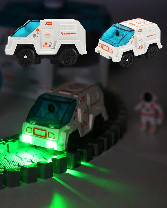 Set constructii traseu auto spatial pentru copii cu 205 piese, astronauti, vehicul electric si proiectie, 46x31x11 cm