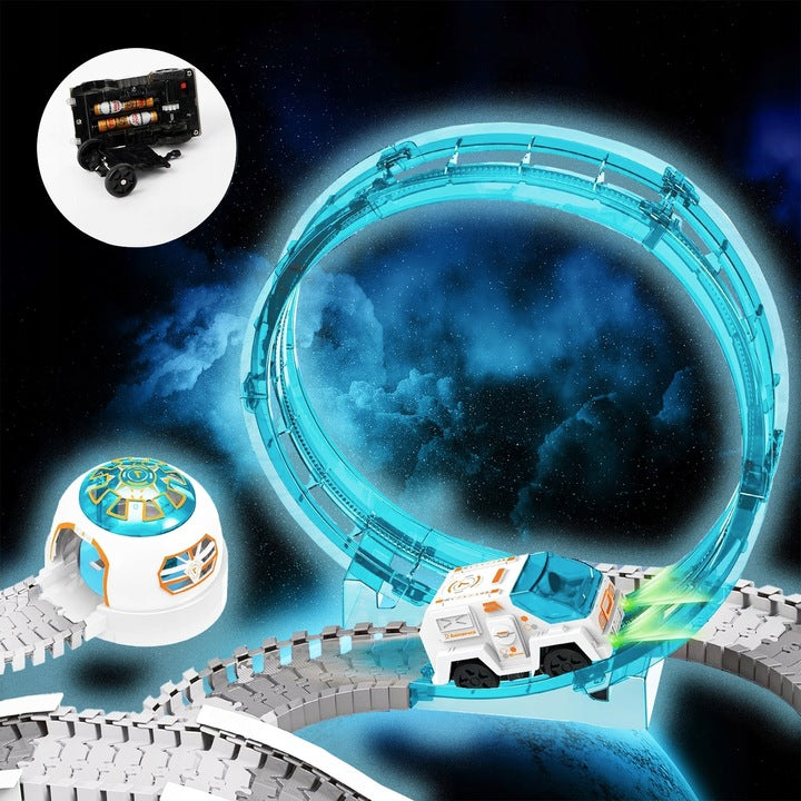 Set constructii traseu auto spatial pentru copii cu 205 piese, astronauti, vehicul electric si proiectie, 46x31x11 cm
