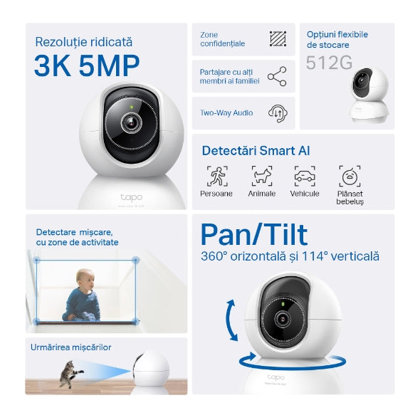 CAMERA IP TP-LINK, cube, pt. interior, dist. IR 12 m, rotatie 360 grade, 5 MP, 3K QHD (2880×1620 px), microfon, carcasa plastic, slot SD card, "Tapo C230"