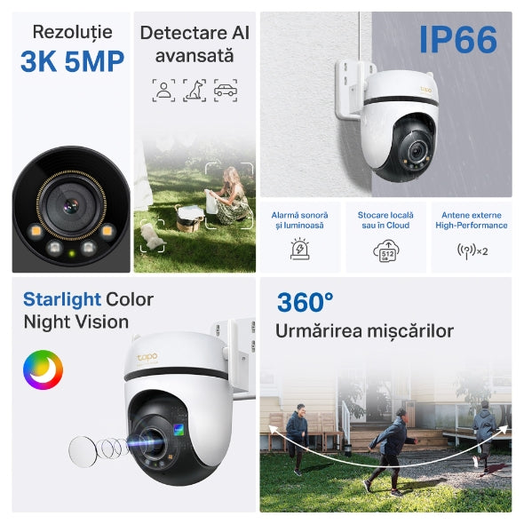 CAMERA IP Exterior TP-LINK, 3K QHD 2880×1620, rotatie pana la 360 grade, IP66, dist. IR 30 m, lentila fixa 3.2mm, 5 Mpx, RJ-45+wireless, mic, plastic, slot SD card, "Tapo C530WS"