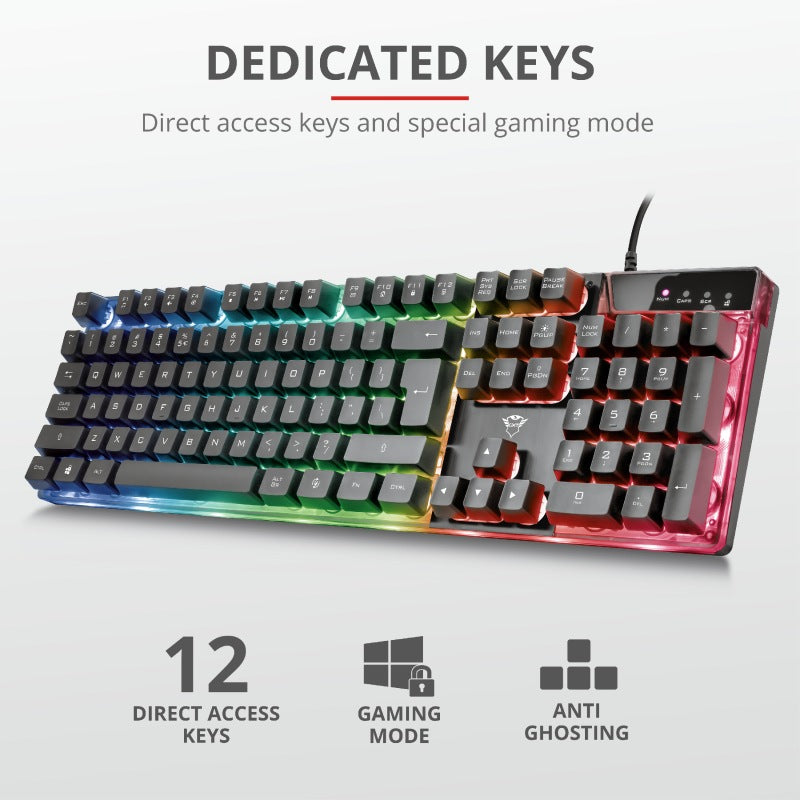 TASTATURA TRUST- gaming, "GXT 835 Azor", cu fir, 104 taste, format standard , USB, negru, "TR-23651"
