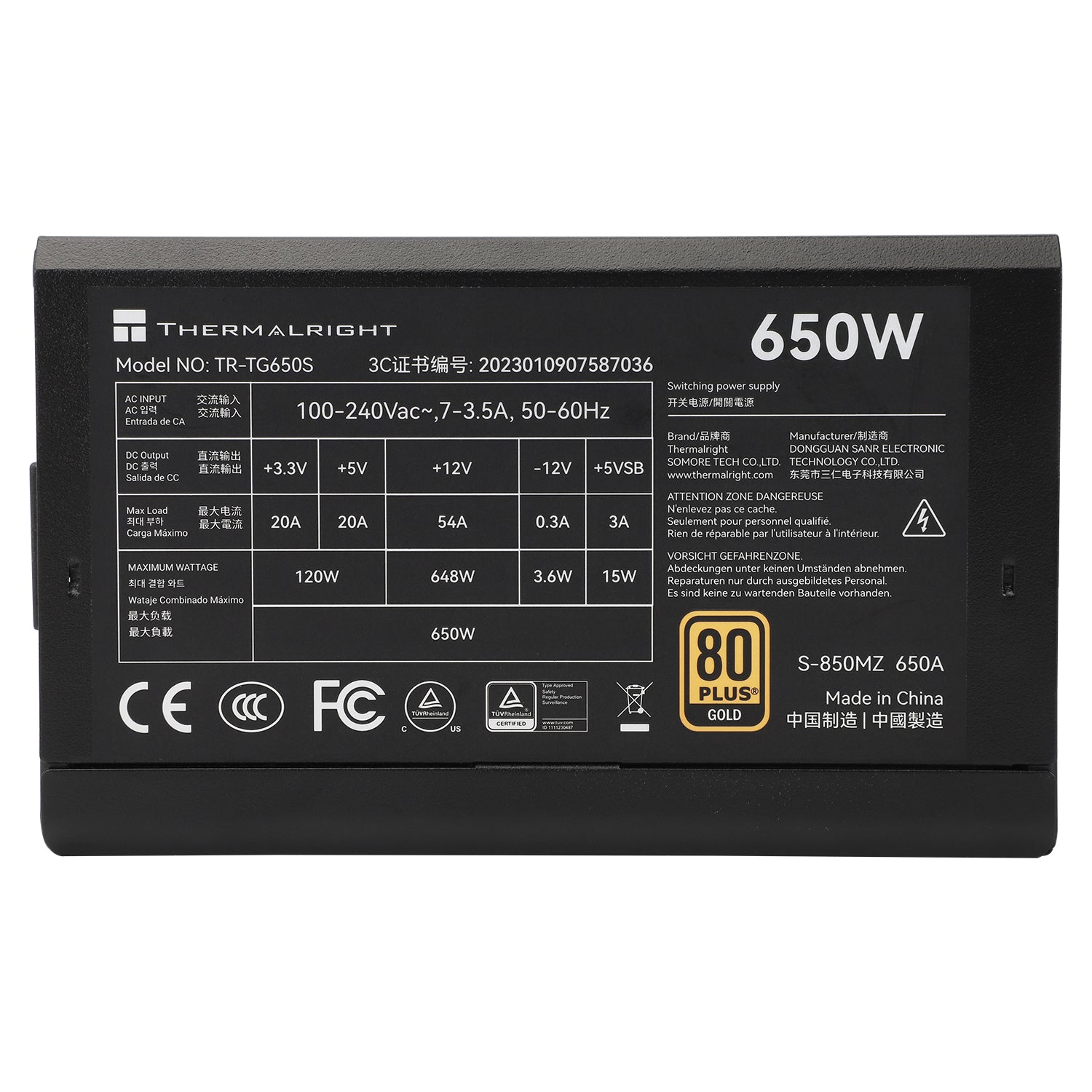 SURSA Thermalright, 650W, certificare 80 Plus Gold, non-modular, fan 120mm, negru, "TR-TG 650S"