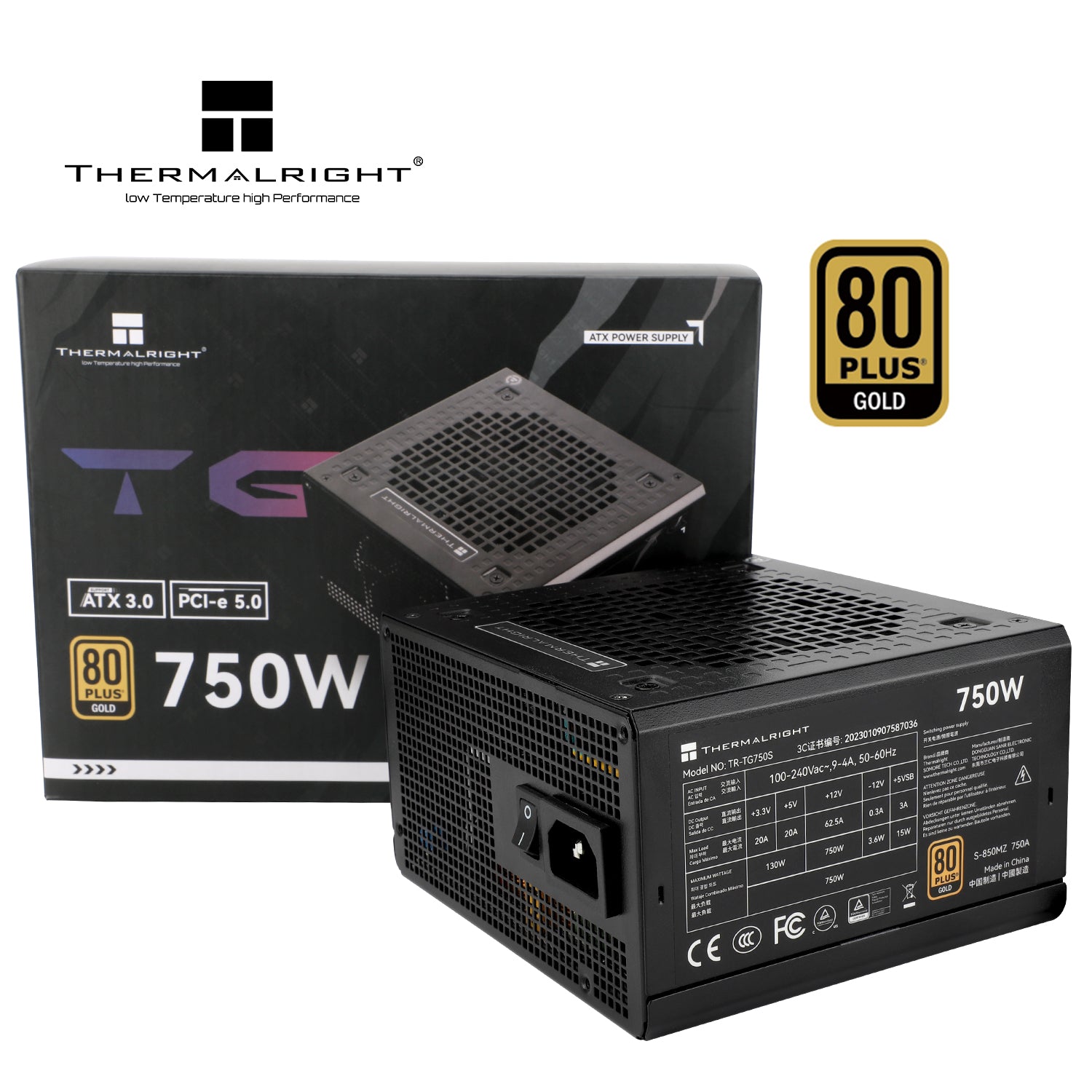 SURSA Thermalright, 750W, certificare 80 Plus Gold, non-modular, fan 120mm, negru, "TR-TG 750S"
