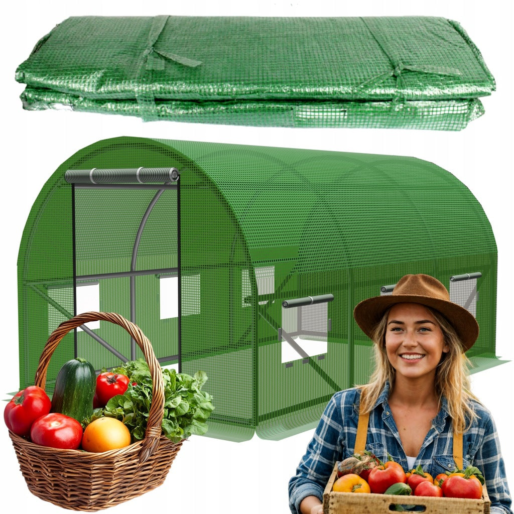 Folie armata pentru sera gradina 400x250 cm, verde, PE 140g/m², UV4, cu ferestre si usa cu fermoar