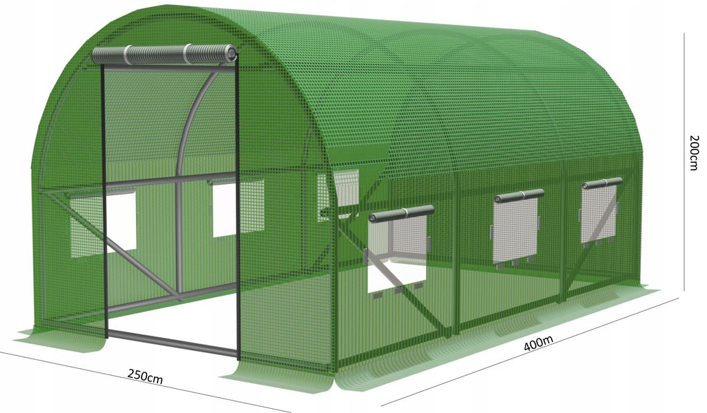 Folie armata pentru sera gradina 400x250 cm, verde, PE 140g/m², UV4, cu ferestre si usa cu fermoar
