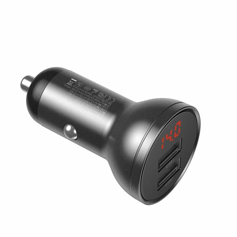 INCARCATOR auto Baseus Digital Display,Quick Charge 24W,2 x USB 5V/4.8A,contine cablu 3 in 1: USB la USB Type-C,microUSB si Lightning de 1.2m, gri "TZCCBX-0G" - 6953156215405